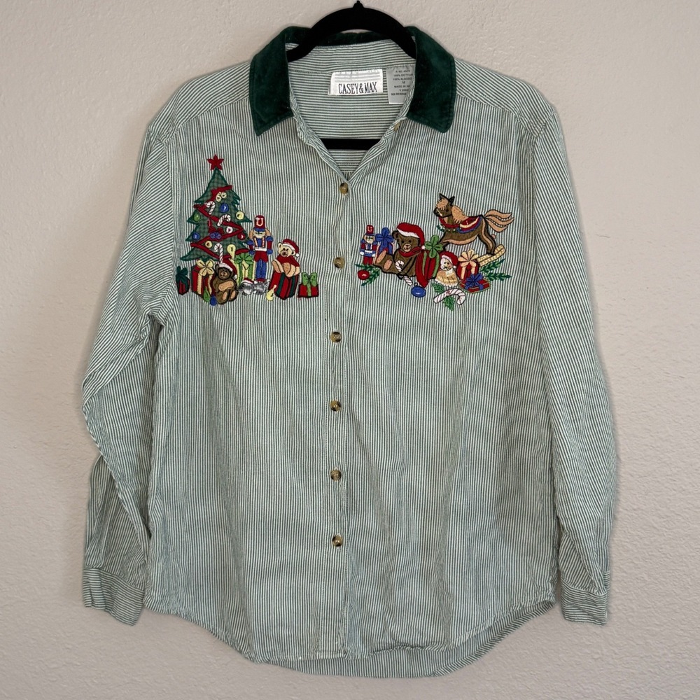 Vintage Medium Christmas Embroidered Shirt Festive Cottage Kitsch Twee‎ Velvet